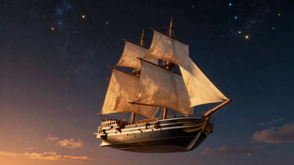 Una vela de carabela que se funde con el casco de una nave estelar entre estrellas doradas